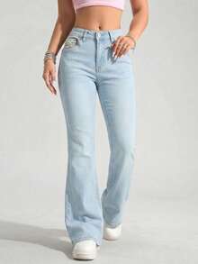 Flattering Flared Denim Pants With Decorative Pockets For A Unique Look. - Sky Blue LMKF82010guion1 - View 3