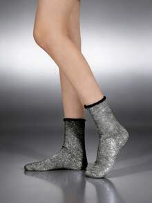 1 Pair Women's Socks, Spring/Summer Style, Shiny Silver-Gray Glitter Rolled Cuff Mid-Calf Socks - Multicolor - View 11