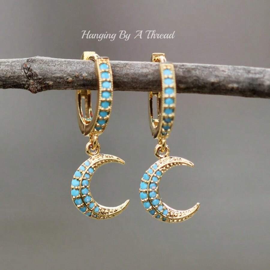 Vintage Elegant Moon-Shaped Pendant Copper Women's Earrings, Blue Tone Romantic Style, Suitable For Daily Wear, Party And Banquet - Gold - View 1