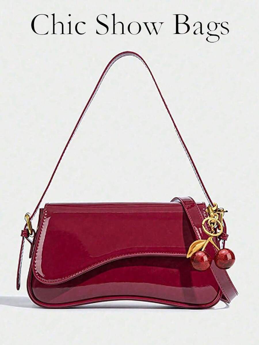 2026新款樱桃吊坠酒红色漆皮腋下包，复古法式风格女士单肩包 - 酒紅色 - 查看 1