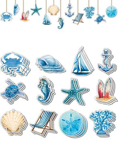 12pcs Summer Wooden Decorations, Beach Tree Decor, Coastal Nautical Style Wooden Cut-Out Hanging Ornaments, Suitable For Small Tree, Home Party Decoration