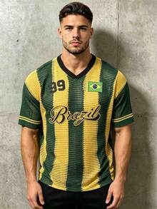 Vintage Sports Jersey V-Neck Striped Short Sleeve T-Shirt, Spring/Summer - Green - View 5
