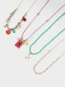 Kryxie 4pcs Bohemian Handmade Beaded Colorful Square Fish & Starfish Pendant Multilayer Necklace Set For Women, Suitable For Daily, Party, Beach, All Seasons - Multicolor - View 3