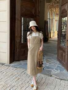 Đầm denim midi không tay màu trơn, kiểu dáng thường ngày, có xẻ tà, dành cho nữ, mùa xuân/hè. - Màu Khaki - Xem 5