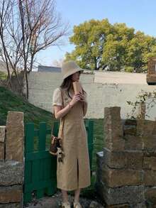 Đầm denim midi không tay màu trơn, kiểu dáng thường ngày, có xẻ tà, dành cho nữ, mùa xuân/hè. - Màu Khaki - Xem 7