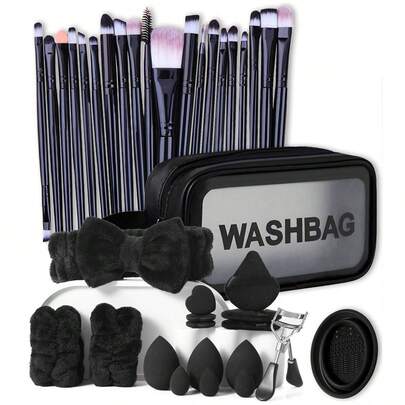 38 piezas Juego completo de herramientas de maquillaje con bolsa cosmética, 20 piezas Brochas de maquillaje profesionales, 6 piezas Esponjas de maquillaje, 6 piezas Borlas de polvo, Limpiador de brochas, Rizador de pestañas, Diadema y muñequeras, Kit cosmético todo en uno de gran valor para maquillaje de rostro completo