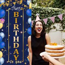 TzTwodcaz Happy Birthday Door Banner Blue and Gold Happy Birthday Party Supplies 72.8" x 35.4" Birthday Backdrop with Champagne Balloon for Men Women Kid's Birthday Celebration - Azul blanco - Ver 4