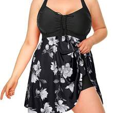 2026 New Arrival Plus Size Women's Tropical Print Halter One Piece Swimdress, Tummy Control Ruched Bathing Suit With Skirt, Summer Beach Vacation Swimwear - 黑白條紋 - 查看 8