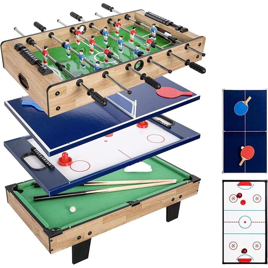 BREEZEE Mesa Multijuegos 4 en 1, Tamaño Portátil, Mesa Futbolito, Mesa de Billar, Mesa de Hockey de Aire y Mesa de Pong, Mesa Multijuegos para Adultos Y Niños con Juegos Intercambiables - 1 - Ver 1