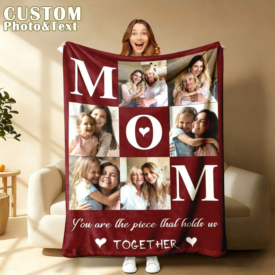 Personalized Customizable Mother's Day Best Gift - MOM Letters You Are The Piece That Holds Us Together 6-Photo Collage Customizable Flannel Throw Blanket - Customizable Text Names Date Multiple Styles Available - Soft Warm Cozy Breathable Lightweight Washable Personalized Blanket For Couch Bed Sofa Living Room Bedroom Home Decor - Elegant Burgundy Heart Aesthetic Sentimental Keepsake - Mother's Day Gift From Daughter Son To Mom, Mother's Day Gift From Granddaughter Grandson To Grandma, Mother's Day Gift From Husband To Wife, Mother's Day Gift From Granddaughter Grandson To Grandmother - Gifts For Her Mom Grandma Family Friends - Insta-Worthy Cozy Vibes Personalized Items For Housewarming Boho Outdoor Bathroom Decor – Home Decor,Bedroom Decor,Living Room Decor,Couch,Sofa,Bed,Customizable,Breathable,Lightweight,Washable,Soft,Comfortable,Elegant,Simple,Personalized Items,Tapestry,Hogar,Bedroom Essentials,Camping Essentials,Beach Essentials,Living Room Essentials,Home Essentials - Kiểu 1 - Xem 1