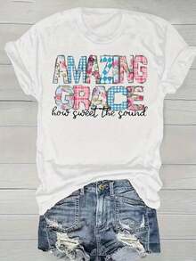 Christian Women's T-Shirt, 1 Piece, Casual Women's T-Shirt With "Amazing Grace" Floral Patchwork Design, Printed, 100% Cotton, Short Sleeve, Crew Neck, Regular And Plus Sizes, Four-Season T-Shirt, Knit Fabric, 180 G, Suitable As A Thanksgiving And Christmas Gift, Women's Clothing - White - View 1