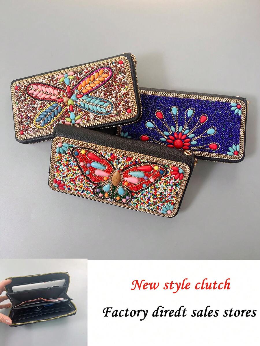 Portefeuille long pour femme, artisanat de perles scintillantes pouvant être utilisé comme pochette de soirée, grande capacité pour ranger le téléphone, l'argent, les clés et autres petits articles, de multiples fentes pour cartes pour organiser différentes cartes, matériau PU de haute qualité avec un toucher doux, portefeuille long avec un motif exquis de papillon et de paon orné de perles, offrant un look premium - Multicolore - Voir 1