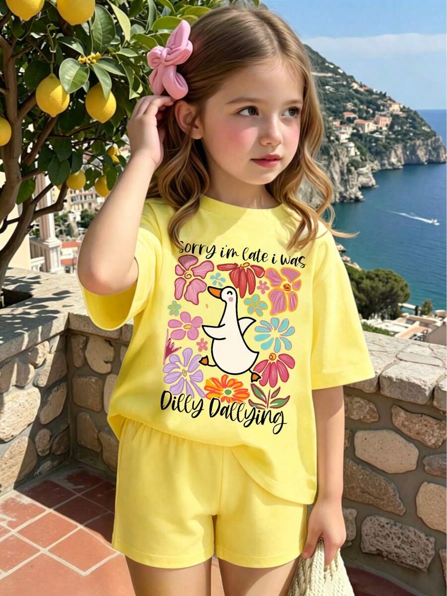 Young Girl Summer Casual Vacation & Commute Cute Cartoon Duck & Floral Graphic Short Sleeve T-Shirt And Shorts Set - Yellow - View 1