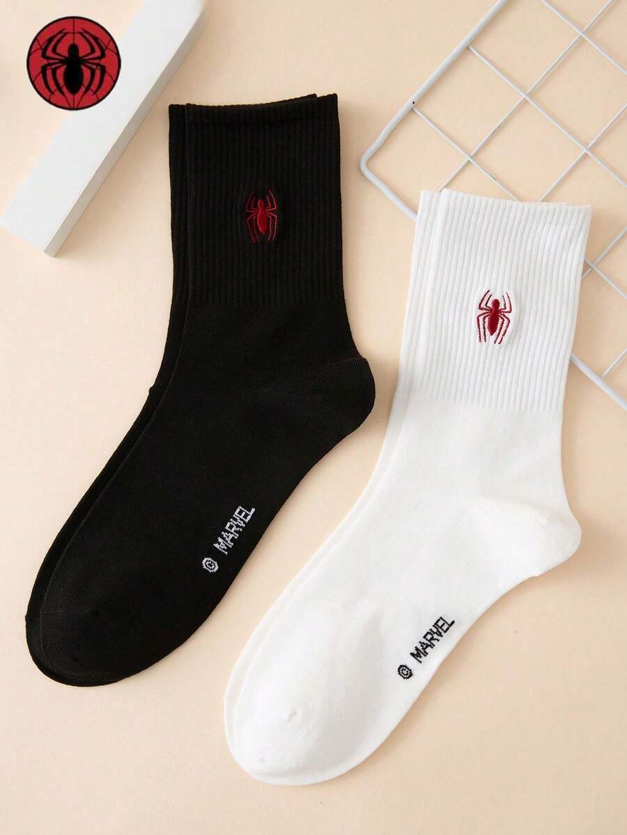 Marvel 2 Pairs Men's Fun Personalized Cartoon Series Embroidered Pattern Tight Fit Sports Socks, All Season, European Size, Comfortable Breathable Durable, Rich Colors, Suitable For Daily Wear, Quality Fabric Won't Cause Foot Discomfort - Black and White - View 1