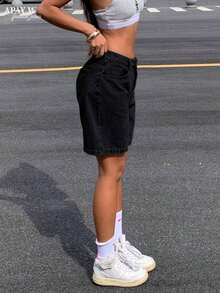 Women's Solid Color Casual Bermuda Denim Shorts, Summer - 黑色 - 查看 6