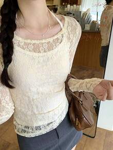 Set de 2 piezas: Top halter de encaje transparente dulce y picante y top sin mangas para mujer, nuevos lanzamientos de verano y primavera - Albaricoque - Ver 5