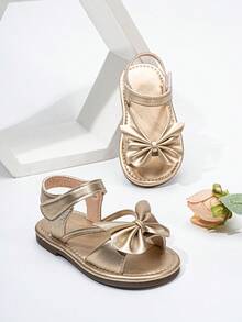 1 Pasang Sandal Anak Perempuan Modis dengan Desain Pita yang Lucu, Sepatu Datar yang Sempurna untuk Musim Panas - Emas - View 2