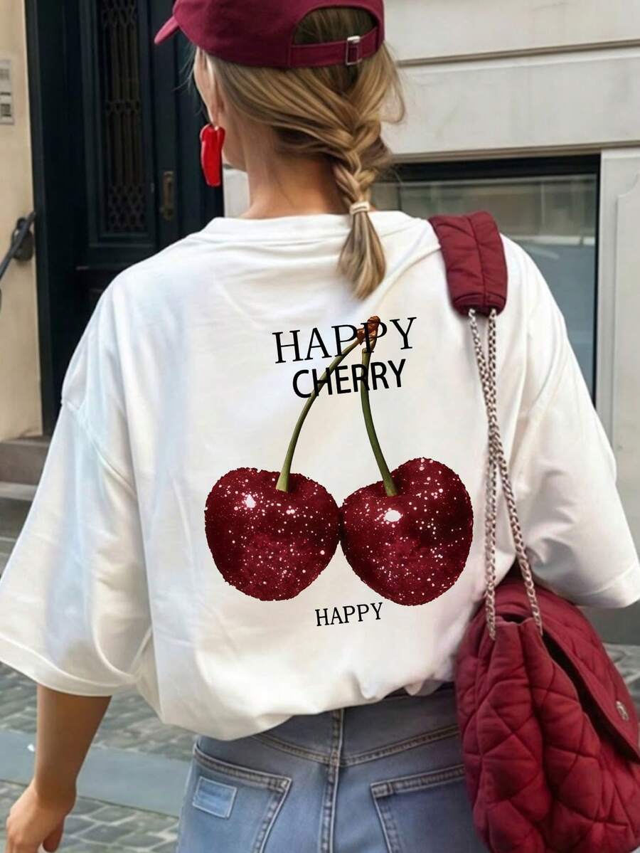 一件女士夏季宽松圆领短袖T恤，饰有亮红色樱桃印花，适合度假、办公、外出、日常、约会、派对、聚会、街头、嘉年华、音乐节、情人节、派对等场合，休闲白色 - 白色 - 查看 1