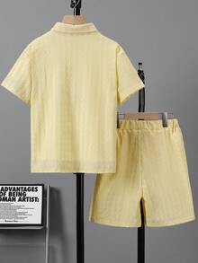 Tween Boys' Summer Casual Outdoor Versatile Textured Solid Color Shirt And Textured Solid Color Shorts 2 Pieces Set - Yellow - View 2