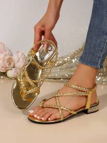 Giày sandal nữ đế thấp mũi vuông, quai ngang bằng kim loại, kiểu La Mã, thích hợp cho đi làm hàng ngày và đi nghỉ mát. - Vàng - Xem 2