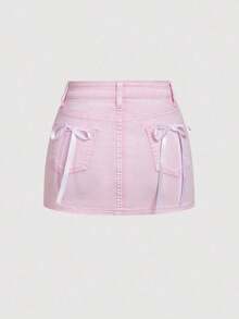 MOD Women Casual Short Denim Skirt With Bow Decor - 淺粉色 - 查看 9
