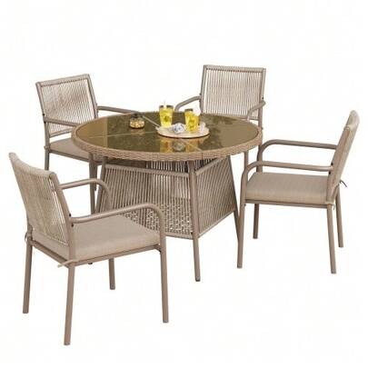 Modern Rattan Garden Furniture Set, Round Glass Table + 4 Armchairs, Iron Frame, Suitable For Terrace/Balcony/Deck