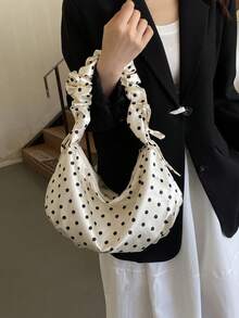 波点褶皱缎面单肩包，拉链闭合休闲腋下包，通勤约会手提包，日常度假托特包，清新时尚，适合拍照 - 香檳色 - 查看 6