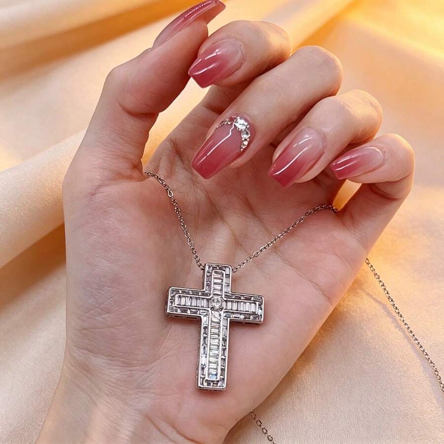 1 chiếc dây chuyền mặt dây chuyền hình thánh giá sang trọng bằng bạc S925 đính đá Zirconia lấp lánh, trang sức thanh lịch để đeo hàng ngày, món quà chất lượng dành cho người thân yêu. - Bạc - Xem 1
