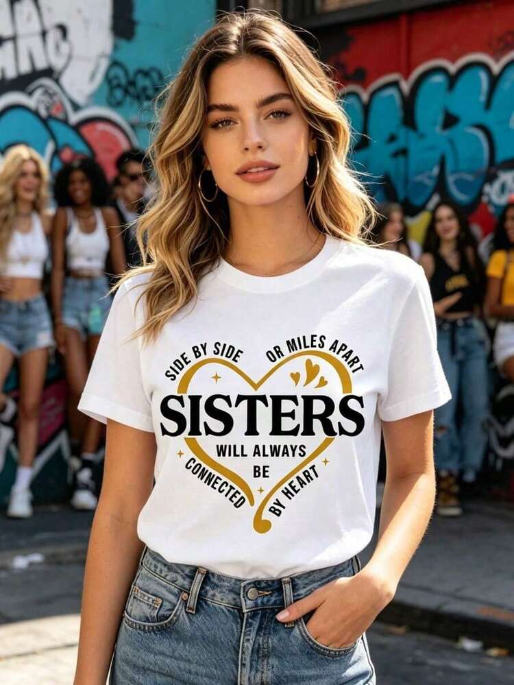 100% Cotton Sister T-Shirt "Together Or Miles Apart", Sister Travel T-Shirt, Matching Sister Vacation Set, Weekend Trip T-Shirts For Sisters, Matching Sister T-Shirt - 白色 - 查看 6