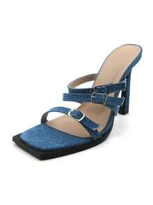 Women's Denim Slip-On Sandals With Buckle Strap - Denim - View 4