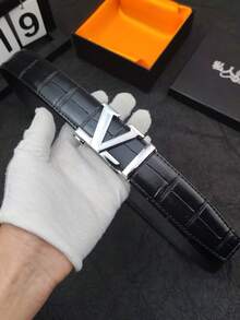 1 pièce Ceinture pour hommes avec boucle automatique en forme de V, grain d'alligator. Ceinture de robe décontractée de couleur unie pour usage décontracté, fête, voyage, longueur 120 cm - Noir - Voir 4