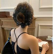 1 chiếc dây buộc tóc kiểu nơ bằng polyester, dây buộc tóc bằng chiffon thanh lịch, phù hợp cho mọi mùa. - Dây buộc tóc lưới đính đá đen - Xem 3