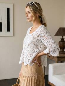 Bohemian Style Floral Lace Trim Puff Sleeve Top - Casual Loose Beach Cover Up For Summer - White - View 5