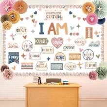 Affirmation Station Bulletin Board Set 3D Motivational Classroom Decorations With Paper Fans Flower Ball I Am Positive Mirror Growth Mindset Cutouts For Back To School Wall Teacher - Boho - 查看 7