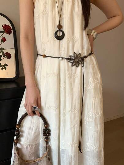 1 chiếc dây thắt eo nữ màu cà phê, chất liệu polyester, kiểu dáng bohemian, dệt họa tiết vỏ dừa và hoa sen, có thể tùy chỉnh theo sở thích.