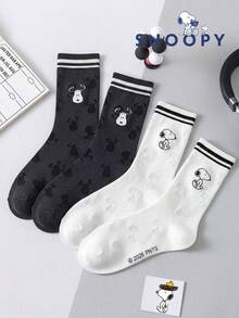 1/2雙 Snoopy 黑白中筒襪，適合女性夏季、運動與情侶穿著，卡通 Snoopy 圖案時尚襪 - 彩色 - 查看 1