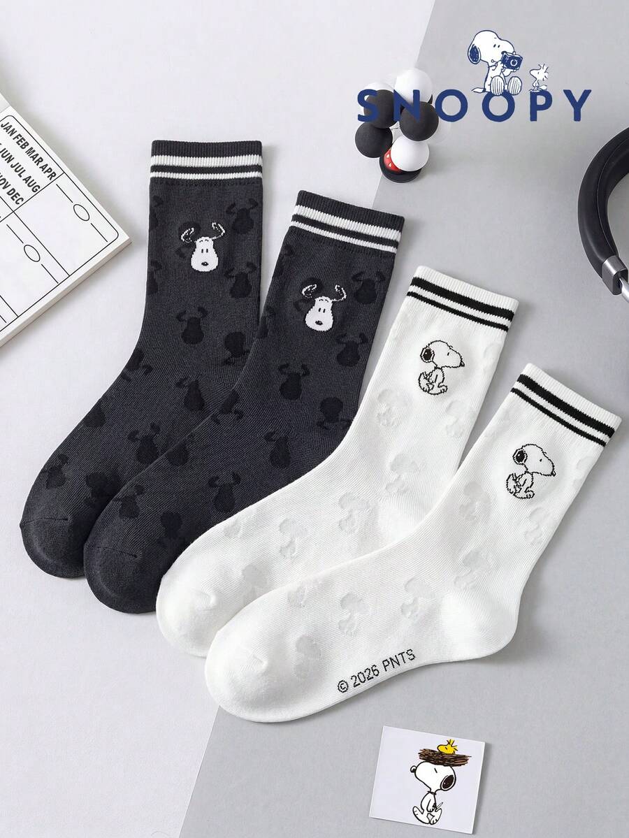 1/2雙 Snoopy 黑白中筒襪,適合女性夏季、運動與情侶穿著,卡通 Snoopy 圖案時尚襪 - 彩色 - 查看 1