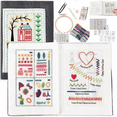 LAMYA Kit de aprendizaje de bordado con puntadas - Juego de libros de manualidades de costura DIY con patrones, artesanía creativa hecha a mano