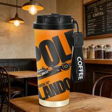1 pieza Taza de café aislada de acero inoxidable de 530ml con tapa a prueba de fugas y correa para el hombro, diseño de coche de carreras F1, naranja brillante y negro, taza reutilizable para café/té/batidos, regalo perfecto para entusiastas de las motocicletas, opción de regalo de Navidad, botella de agua portátil para deportes al aire libre - Multicolor - Ver 3