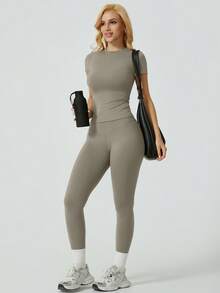 NcmRyu Women's Solid Color Minimalist Short Sleeve & Pants Sports Suit Set Summer - Grey - View 7