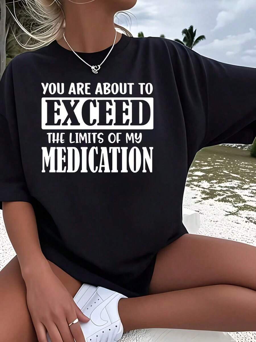 Camiseta de Mujer Talla con Estampado de Letras, Divertida, de Manga Corta,% Algodón, Cuello Redondo, 220g G2OZ - Negro - Ver 1