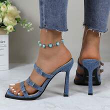 Women's Denim Slip-On Sandals With Buckle Strap - Denim - View 9