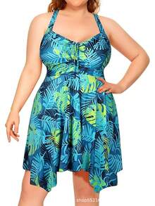 2026 New Arrival Plus Size Women's Tropical Print Halter One Piece Swimdress, Tummy Control Ruched Bathing Suit With Skirt, Summer Beach Vacation Swimwear - 藍色 - 查看 12