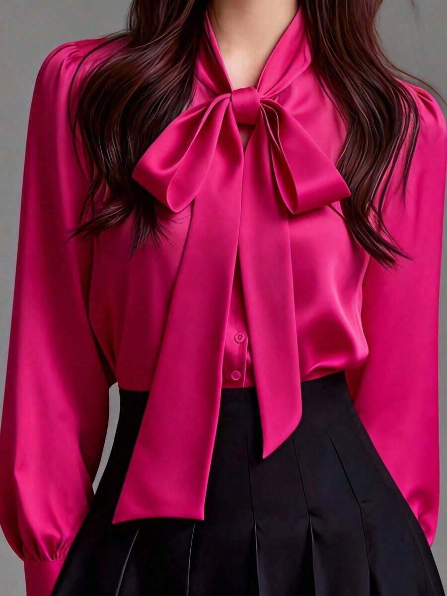 Camisa casual de manga larga de satén blanco elegante para mujer, blusa versátil para ir al trabajo con detalle de cuello con lazo - unicolor apto para todas las estaciones, lavable a máquina, no transparente, tela suave y transpirable, textura de satén refinada, corbata de unicolor para la oficina y uso diario en primavera - Rosa Fucsia - Ver 1