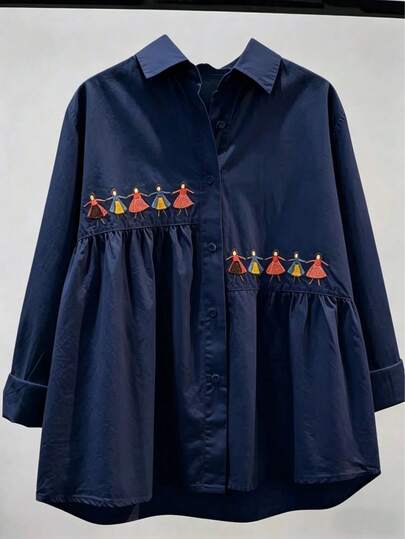 Women's Spring Casual Solid Color Embroidered Versatile Long Sleeve Shirt