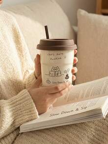 1 件卡通猫陶瓷咖啡杯，带硅胶盖的办公室拿铁杯，防漏，适合办公室和家庭使用，可微波炉加热，是返校最佳生日礼物 - 單杯+矽膠蓋(防漏) - 查看 3