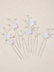 6 Stücke/Set elegante weiße Stoff Blumen & Perlen Braut Haarspangen, silberne verdrehte Draht Haargabeln für Hochzeitsfrisuren, minimalistische silberne Braut Haarzubehör, 6 Stücke handgemachte Perlen & Stoff Blumen U-förmige Haarteile, Sommer, Strand, Festival, Party - Weiss - Übersicht 5