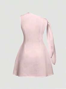 Vestido corto minimalista de mujer de unicolor elegante con hombros con lazo y sin mangas, de verano en colores claros - Rosa - Ver 3