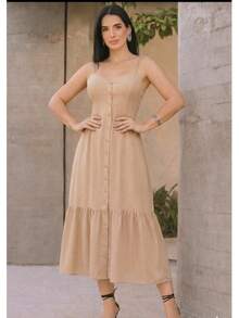 Long Dress In Viscose Linen, Plain, With Thin Straps, Buttons Down The Front, Padded Cups And Lining. Elasticated Back. - Beige - View 1