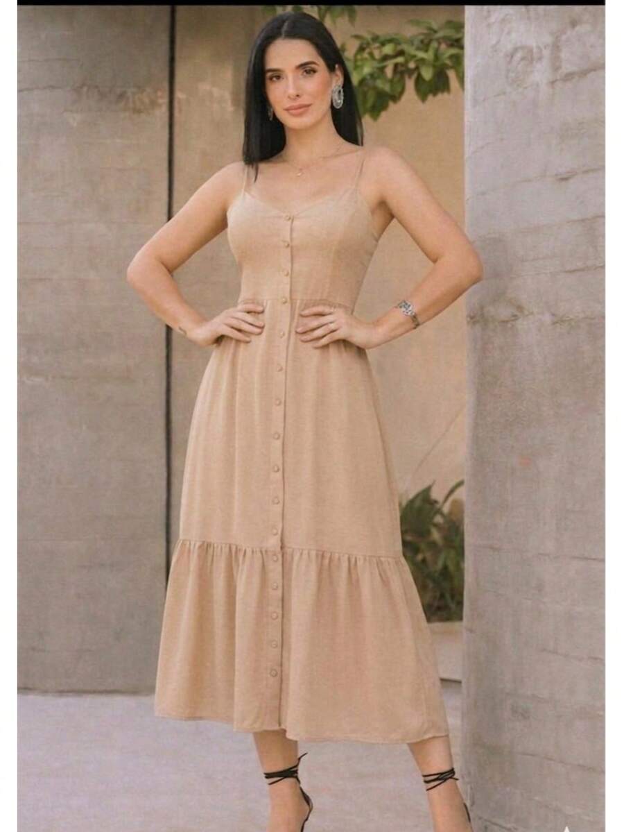 Long Dress In Viscose Linen, Plain, With Thin Straps, Buttons Down The Front, Padded Cups And Lining. Elasticated Back. - Beige - View 1